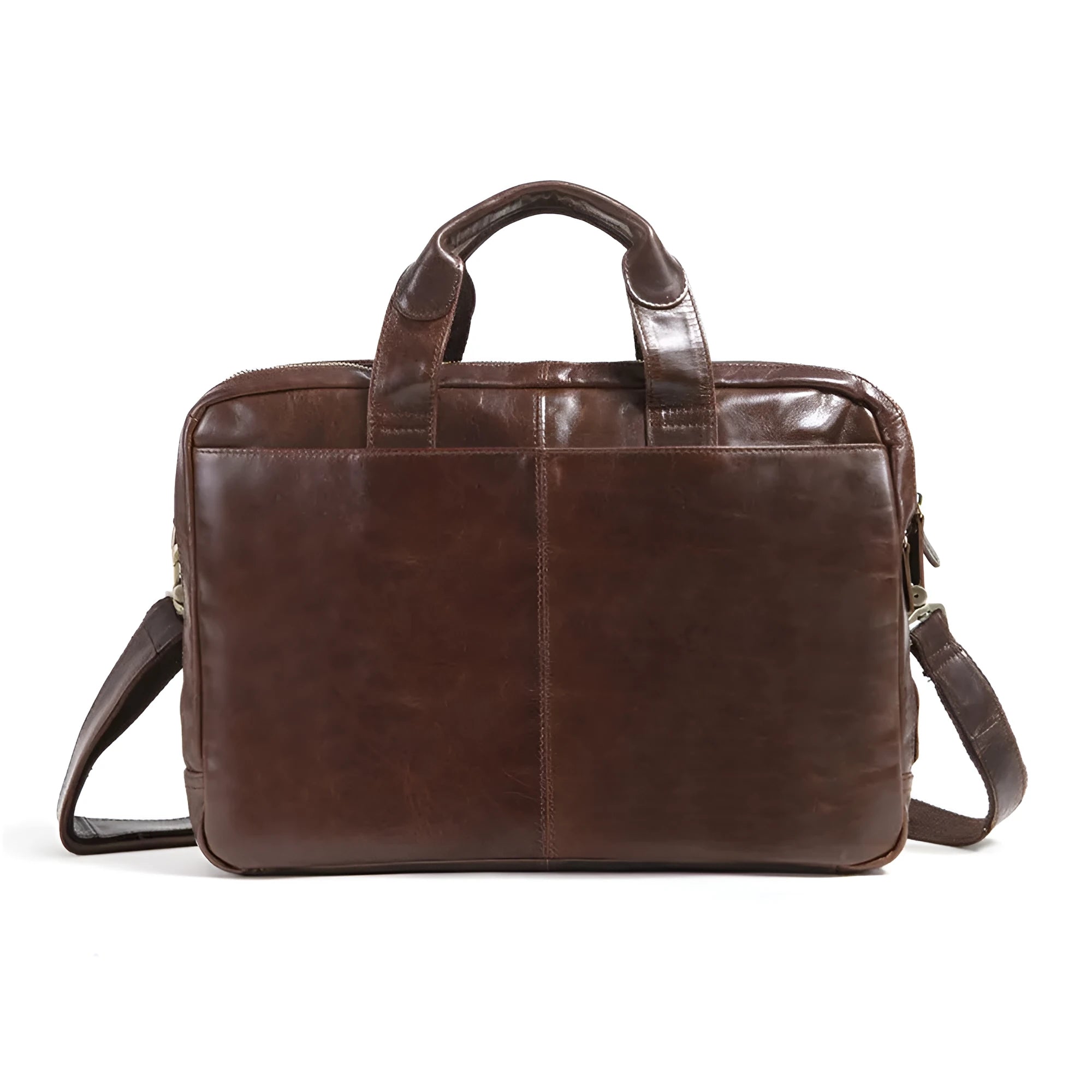 Brown 18 inch men's leather business briefcase open to show polyester cotton lining