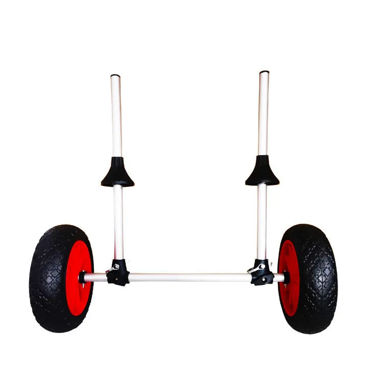 Foldable aluminium kayak beach trailer cart with rubber wheels and upright pole.