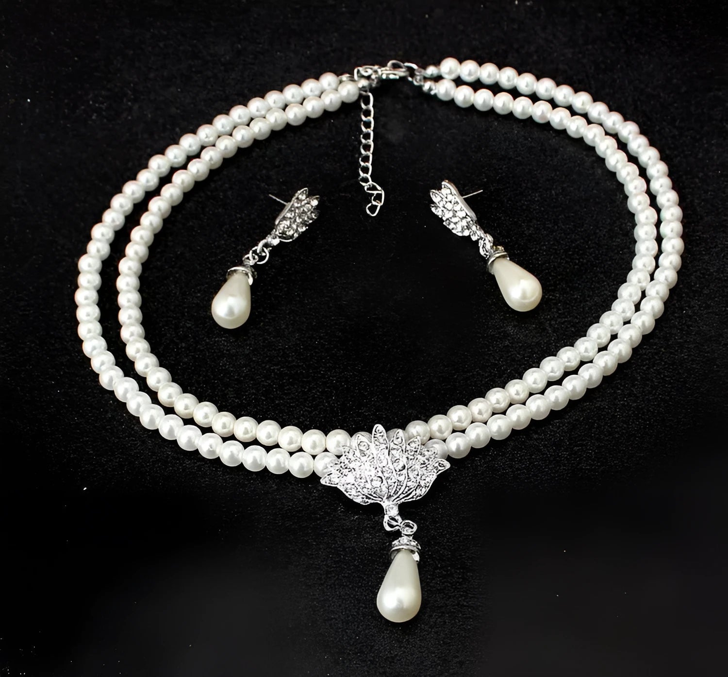 Bridal pearl crystal diamond look necklace and earrings set CMT087 with metallic polished finish