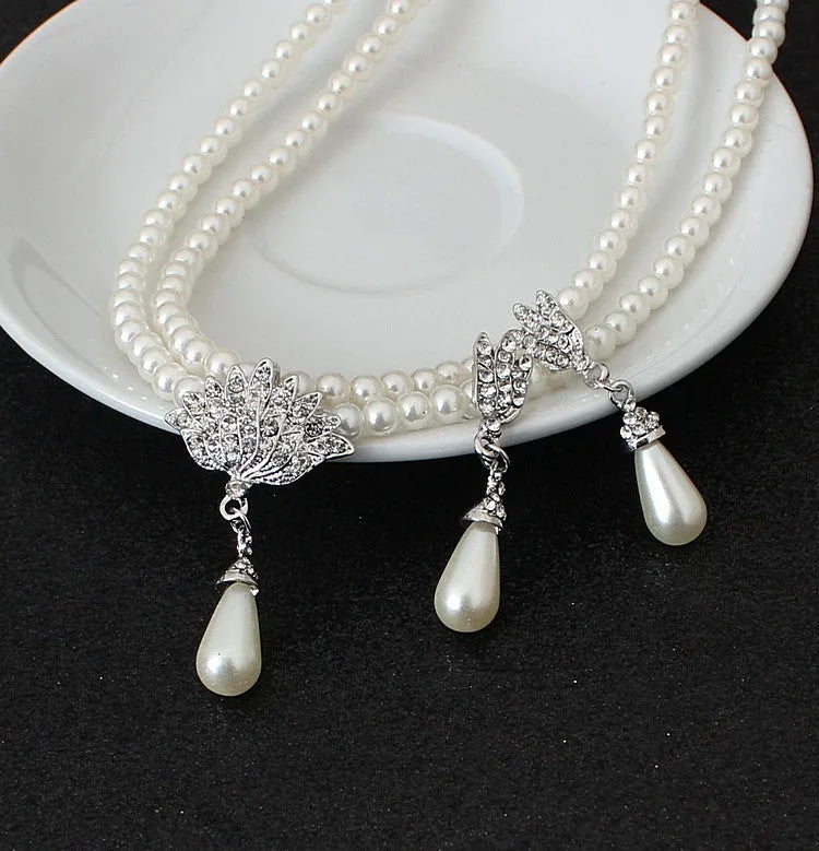 Bridal pearl crystal diamond look necklace and earrings set CMT087 with metallic polished finish