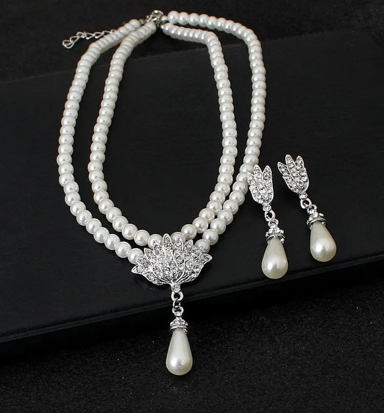 Bridal pearl crystal diamond look necklace and earrings set CMT087 with metallic polished finish