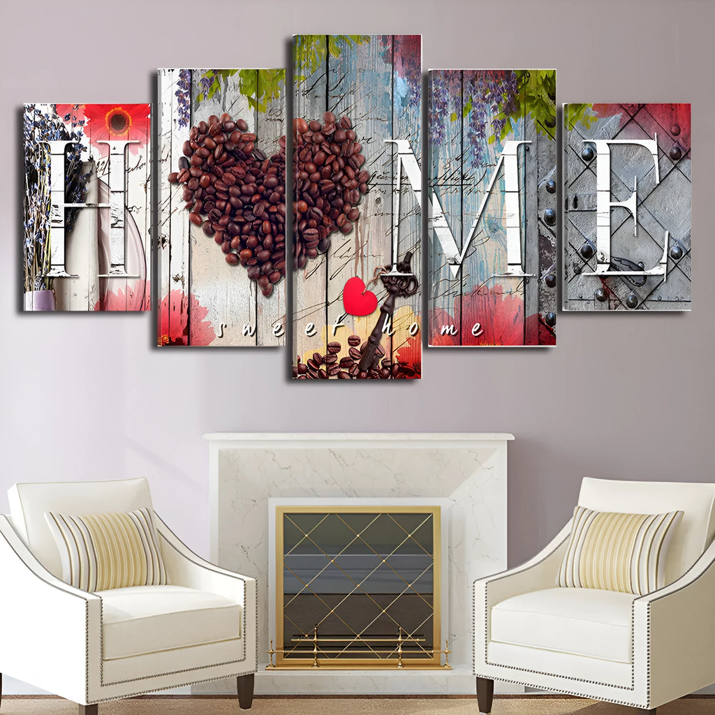 Red oil painting canvases spelling 'Home Sweet Home', unframed, shown in a set of five.