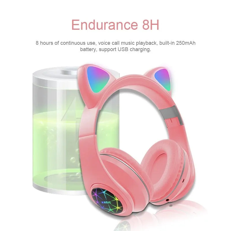 Cat ear style wireless Bluetooth sports headset shown in multiple colours on a person's head