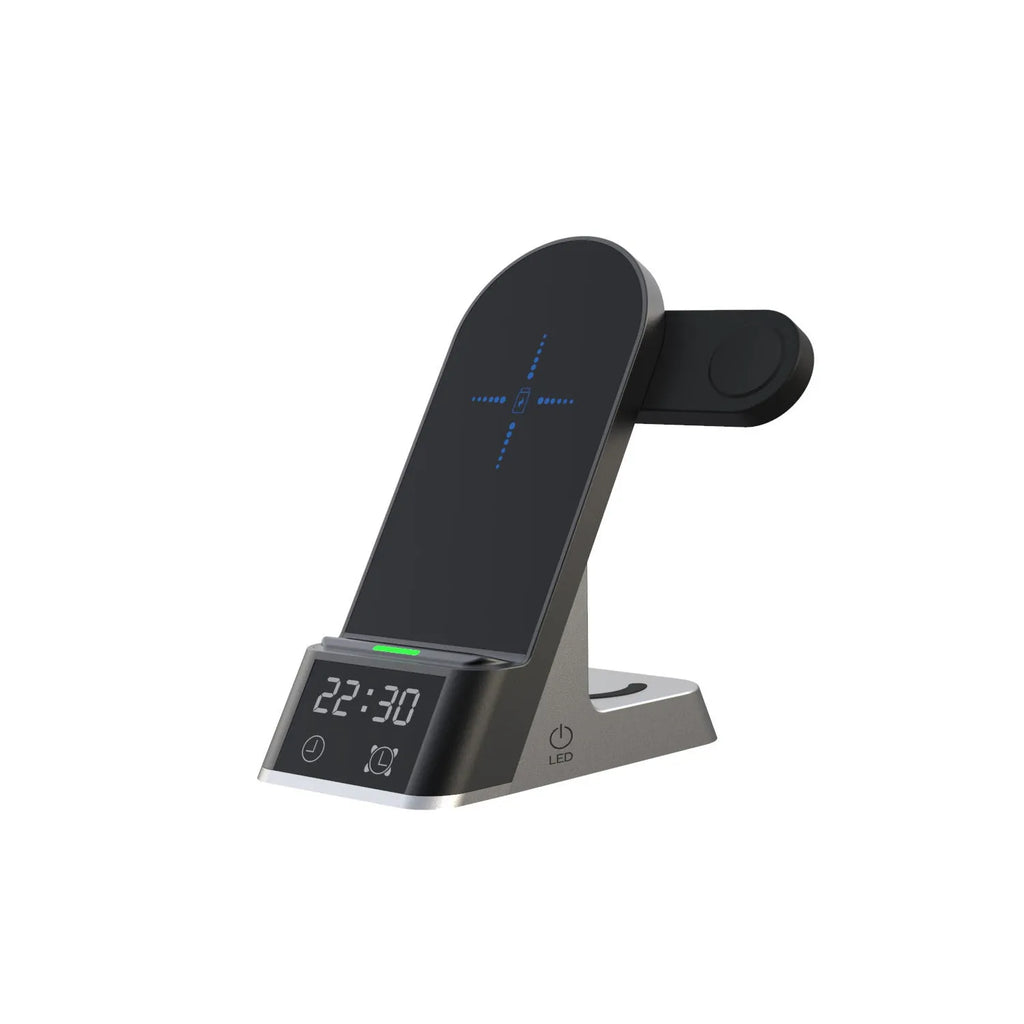 Black six-in-one wireless charging alarm clock with phone pad, Apple Watch dock, and earphone cradle.