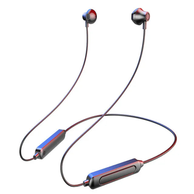 Black neck-mounted wireless sports earphones with bilateral stereo design and Bluetooth 5.0 connectivity