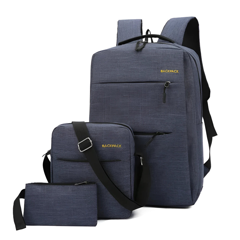 Three men's nylon computer bags in wine red, black, gray, and navy blue, showing USB port and internal pockets.
