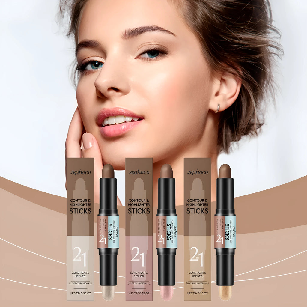 Dual-ended 2-in-1 highlighter pencil for eyebrows and eyeliner in three natural shades.