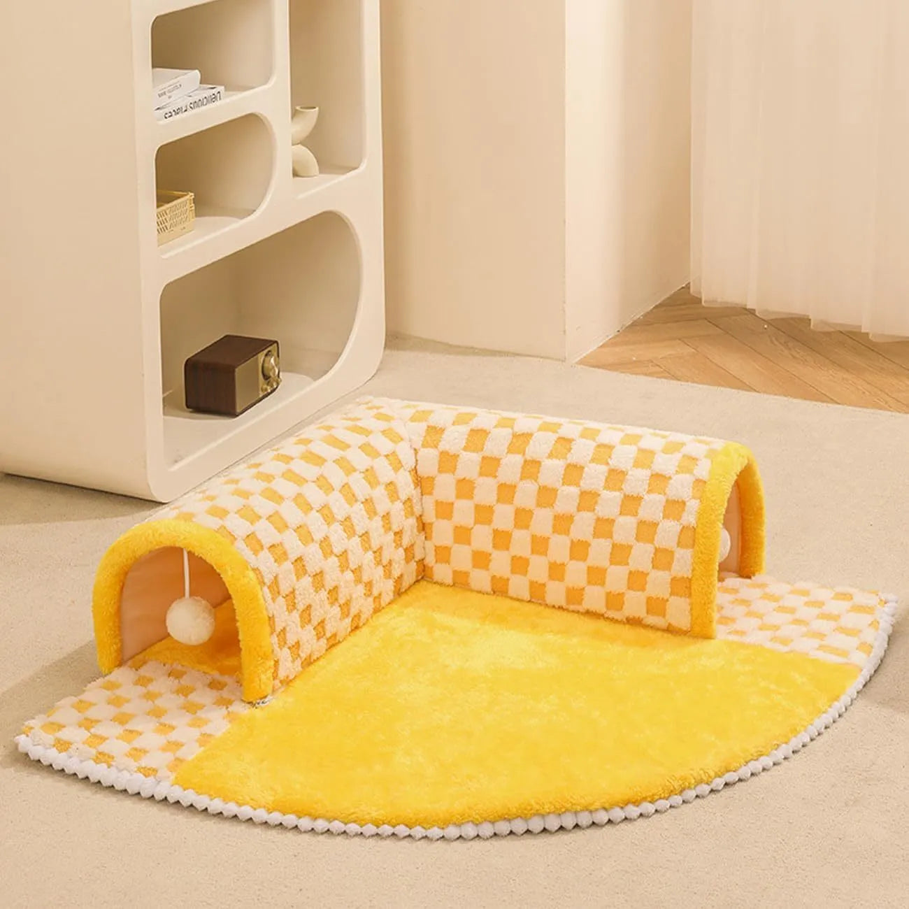 Fan-shaped plaid pet bed tunnel for dogs and cats showing sleeping mat and fabric tunnel