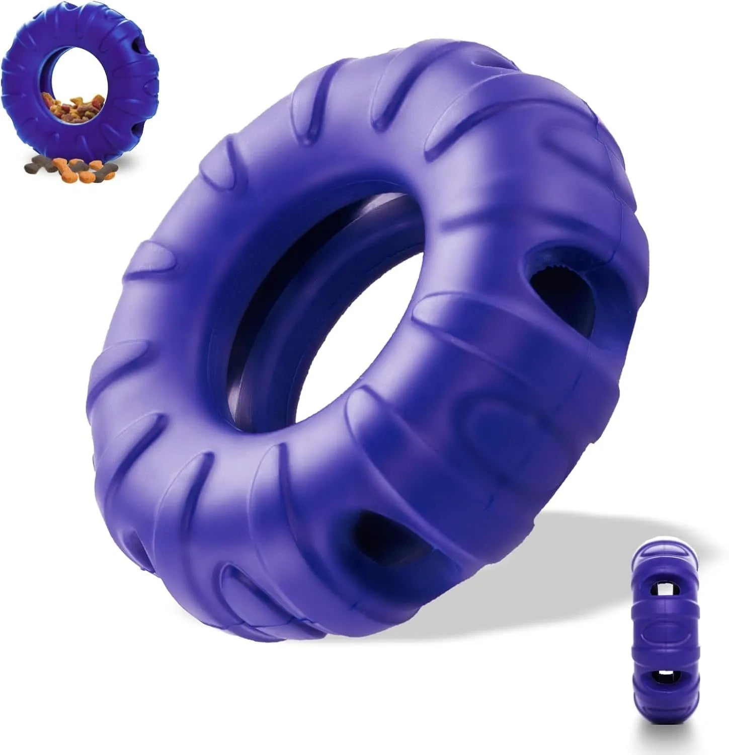 Blue natural rubber tyre-shaped dog chew toy with six oval openings, shown next to a red and green version.