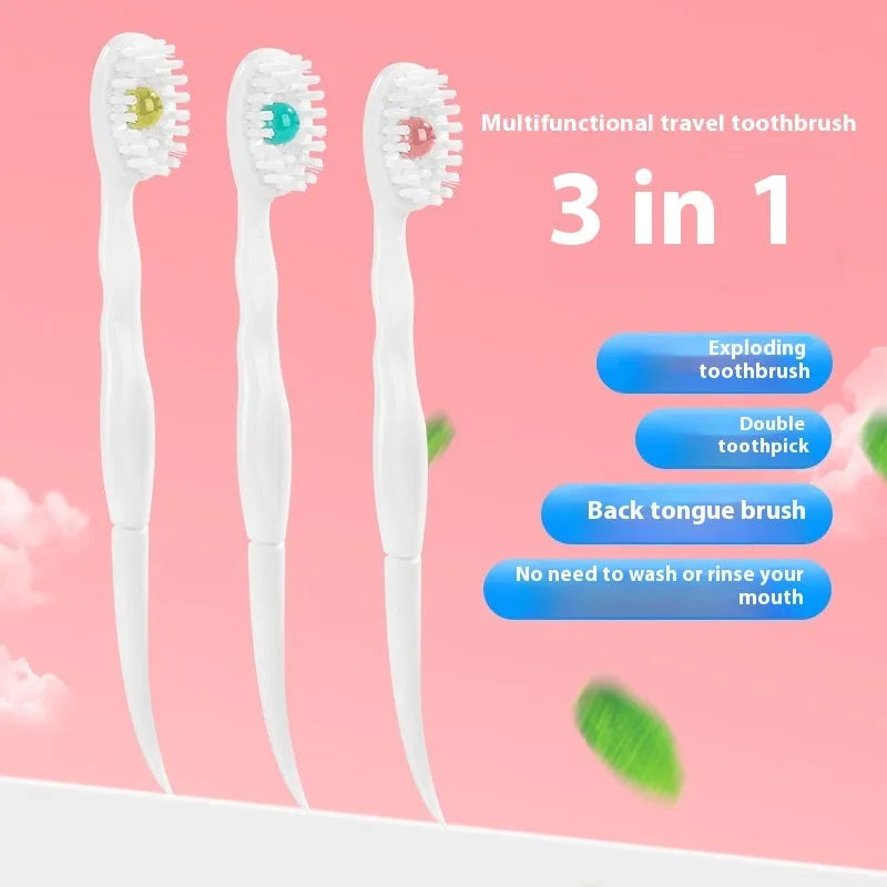Box of disposable bead toothbrushes in mint, peach, plum green tea, and mixed flavours for travel oral care.