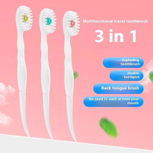 Box of disposable bead toothbrushes in mint, peach, plum green tea, and mixed flavours for travel oral care.