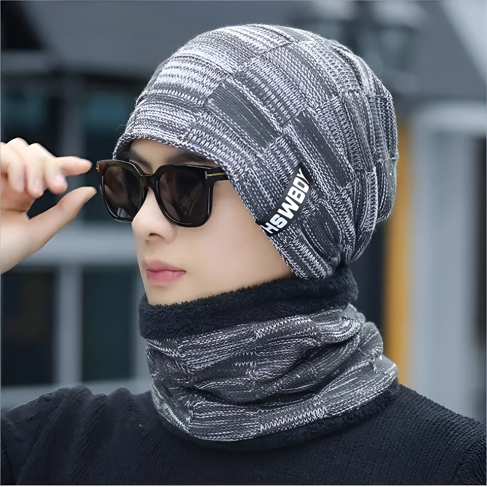 Cotton knitted men hats set with curling detail and letter pattern in black, grey, khaki, navy, and red