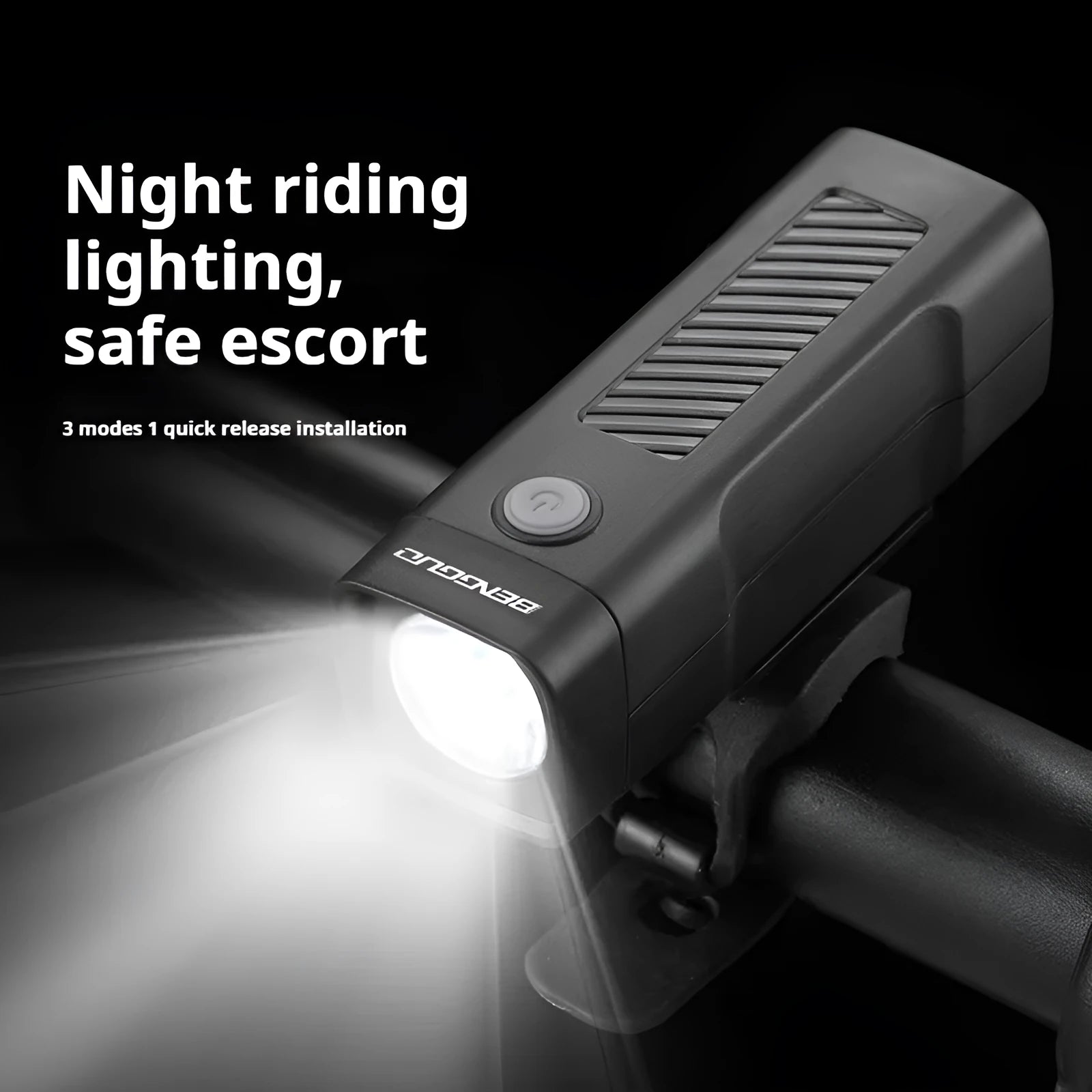 Black USB rechargeable bicycle headlight with quick-release strap mount on handlebars