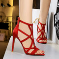 Ladies suede stiletto high heels in solid colour with fish-mouth toe and back zipper, side view