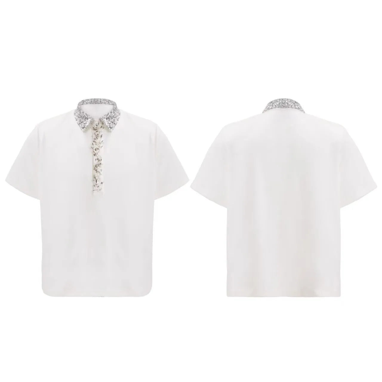 Men's black loose-fit polo t-shirt with square collar, pin, and heavy embroidery sequin detail on the chest.
