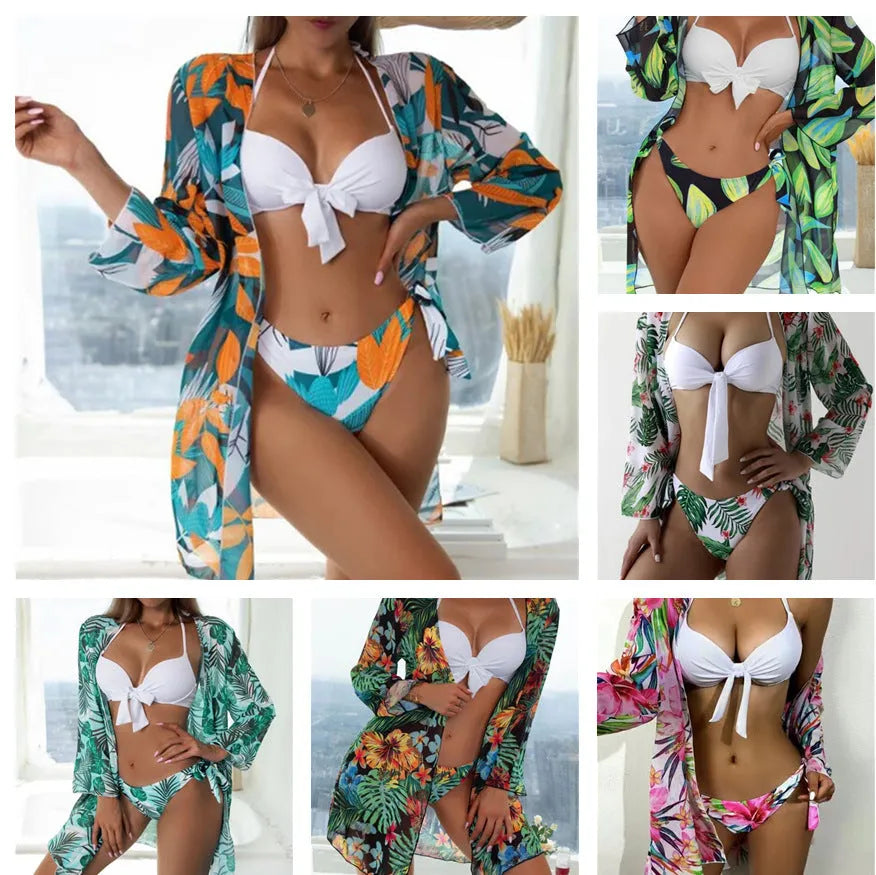 Women's three-piece bikini swimsuit set with mesh split detail in polyester fabric.
