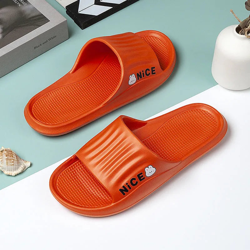 Minimalist cartoon pattern EVA flip flop slippers for household wear, shown in multiple colours.