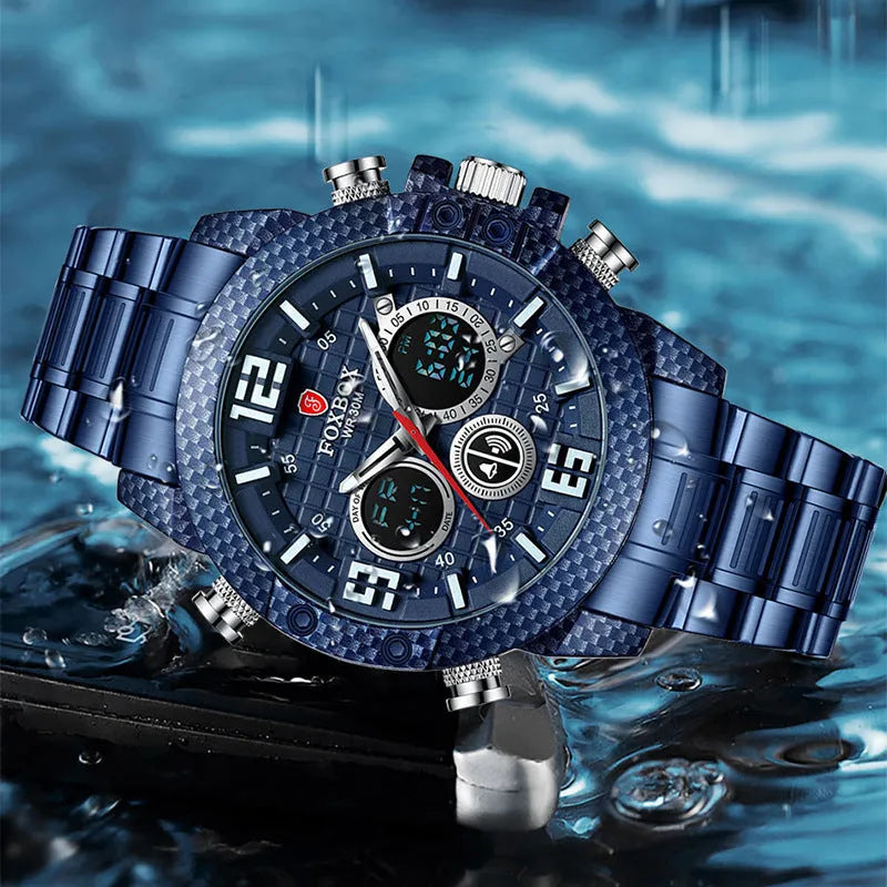 Dual display electronic watch with pointer and number, luminous dial, 44mm alloy case, black option
