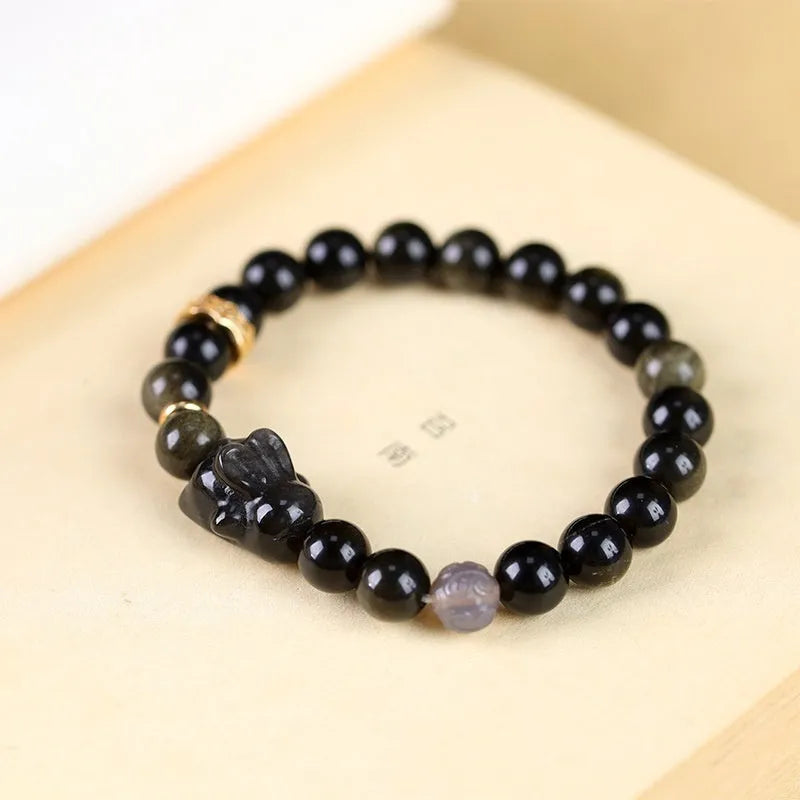 Handmade lying rabbit obsidian bracelet in Chinese national style with 8mm and 10mm width options
