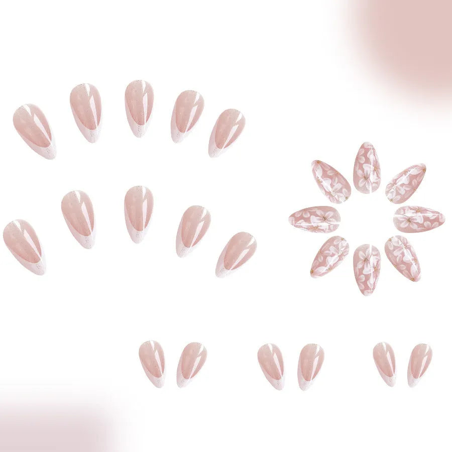 French style glossy short almond artificial nails with glitter powder floral patterns in colour C625