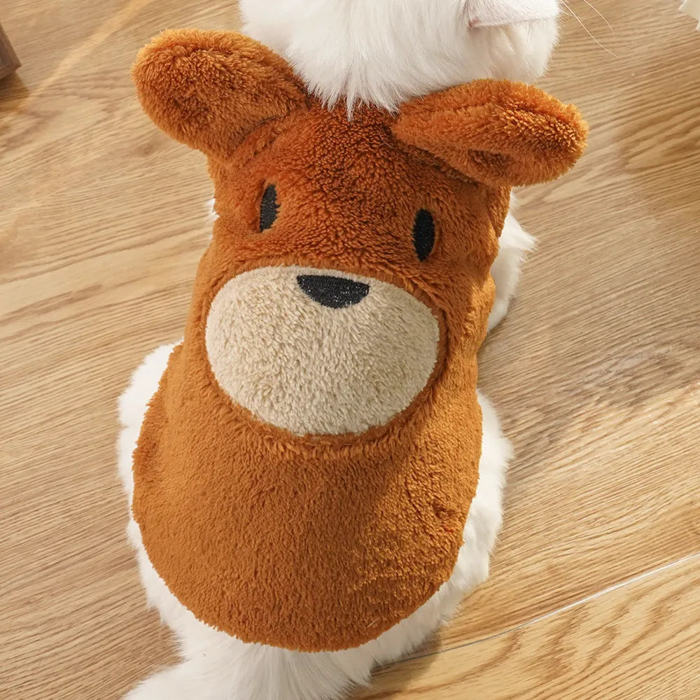 Fleece-lined cream polyester dog coat with bear ears on a small pet, available in sizes XXS to XL for 1-12kg dogs