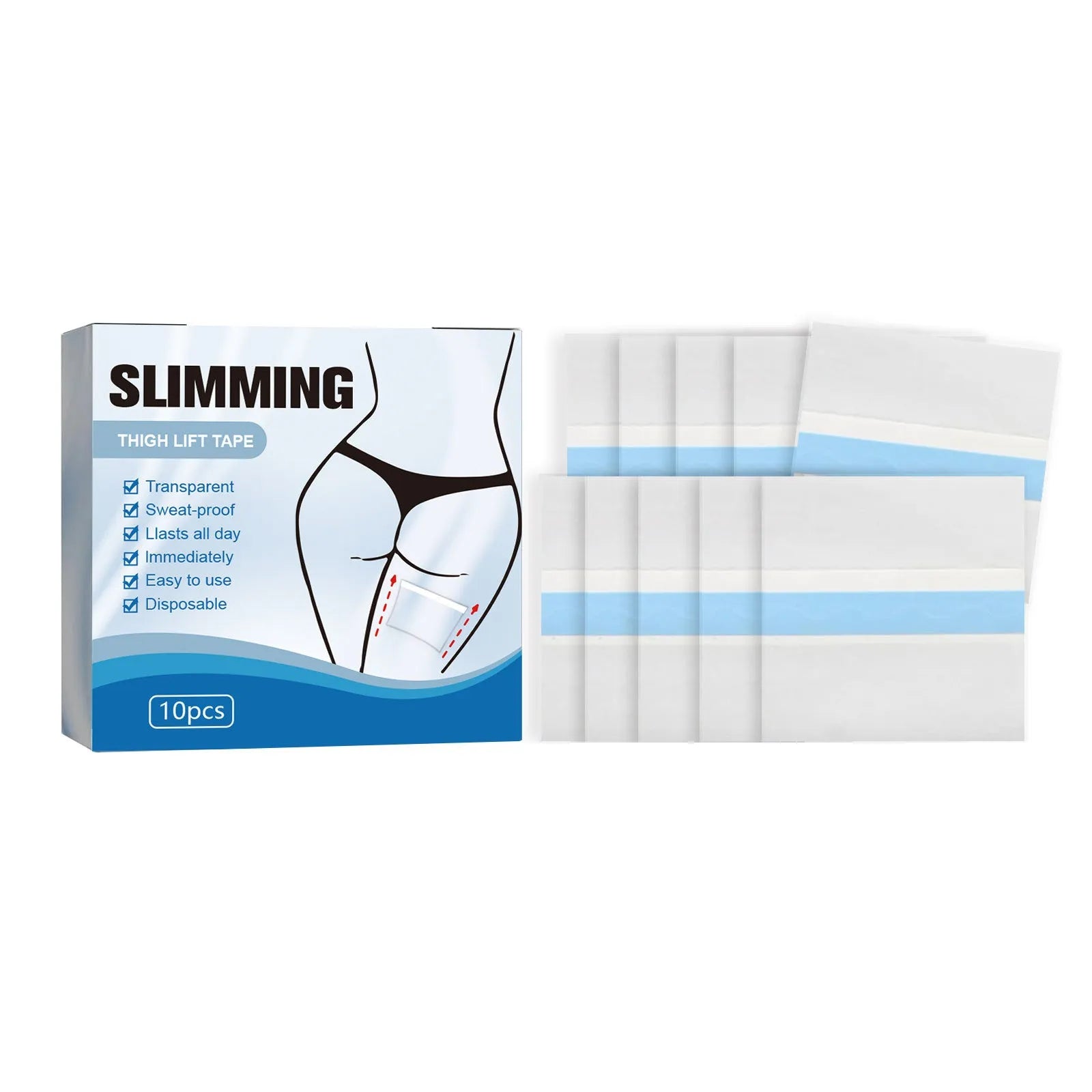 Box of ten white body shaping patches, each measuring 12 by 12 centimetres