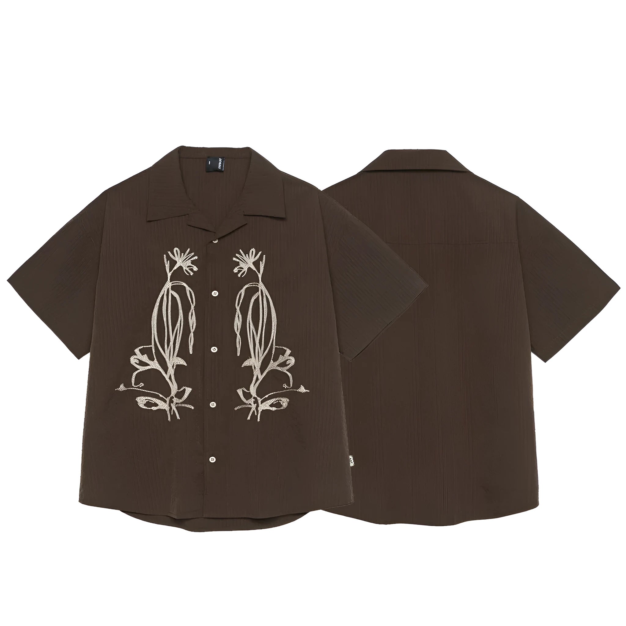 Brown striped Cuban collar short sleeve outdoor shirt laid flat.