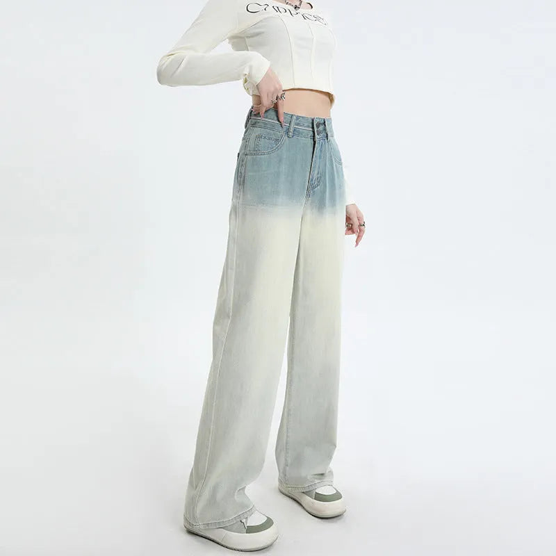 Women's gradient blue straight-leg denim trousers in cotton fabric