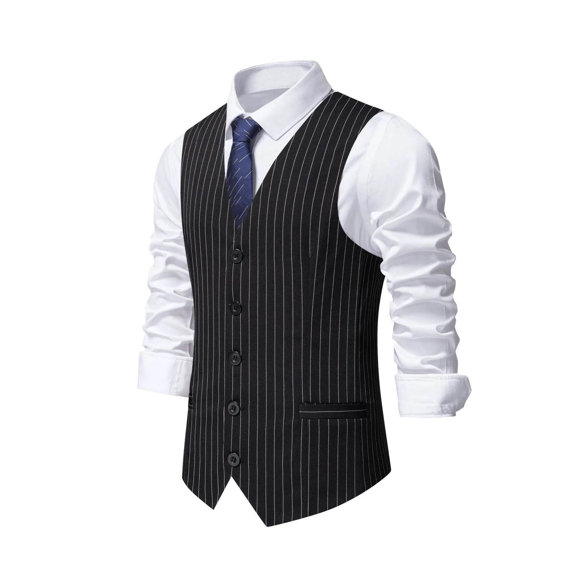 Men's striped polyester waistcoat with non-ironing finish on a hanger.