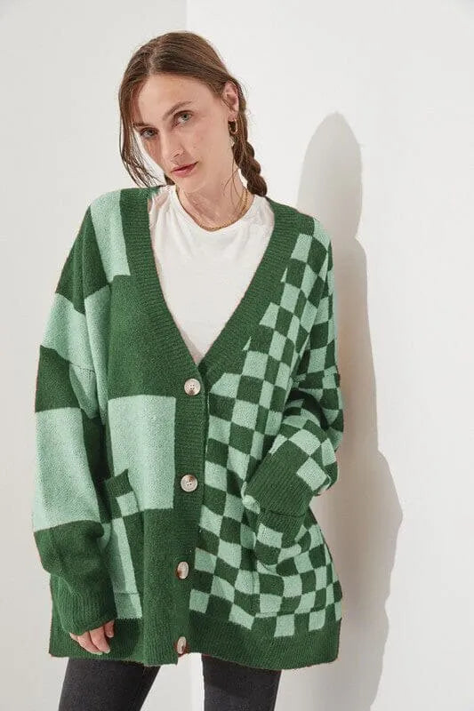 Printed checks knitwear cardigan in loose slim fit showing six colour options