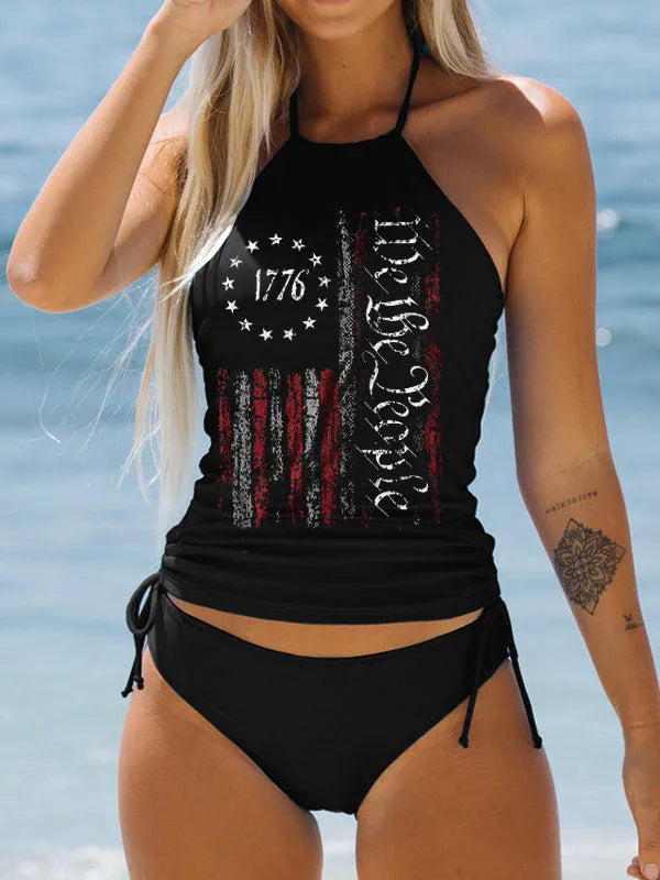 3D printed split swimsuit two-piece set for women, briefs style nylon fabric with European and American pattern