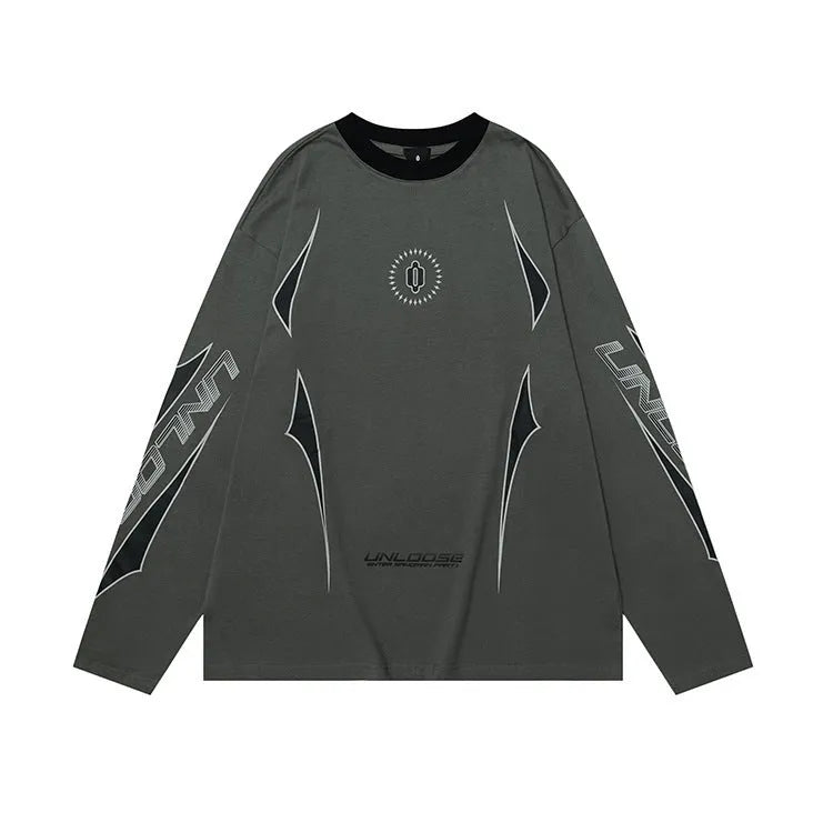 Man wearing a gray khaki loose fit cotton sweatshirt with a letter pattern and drop shoulder sleeves.