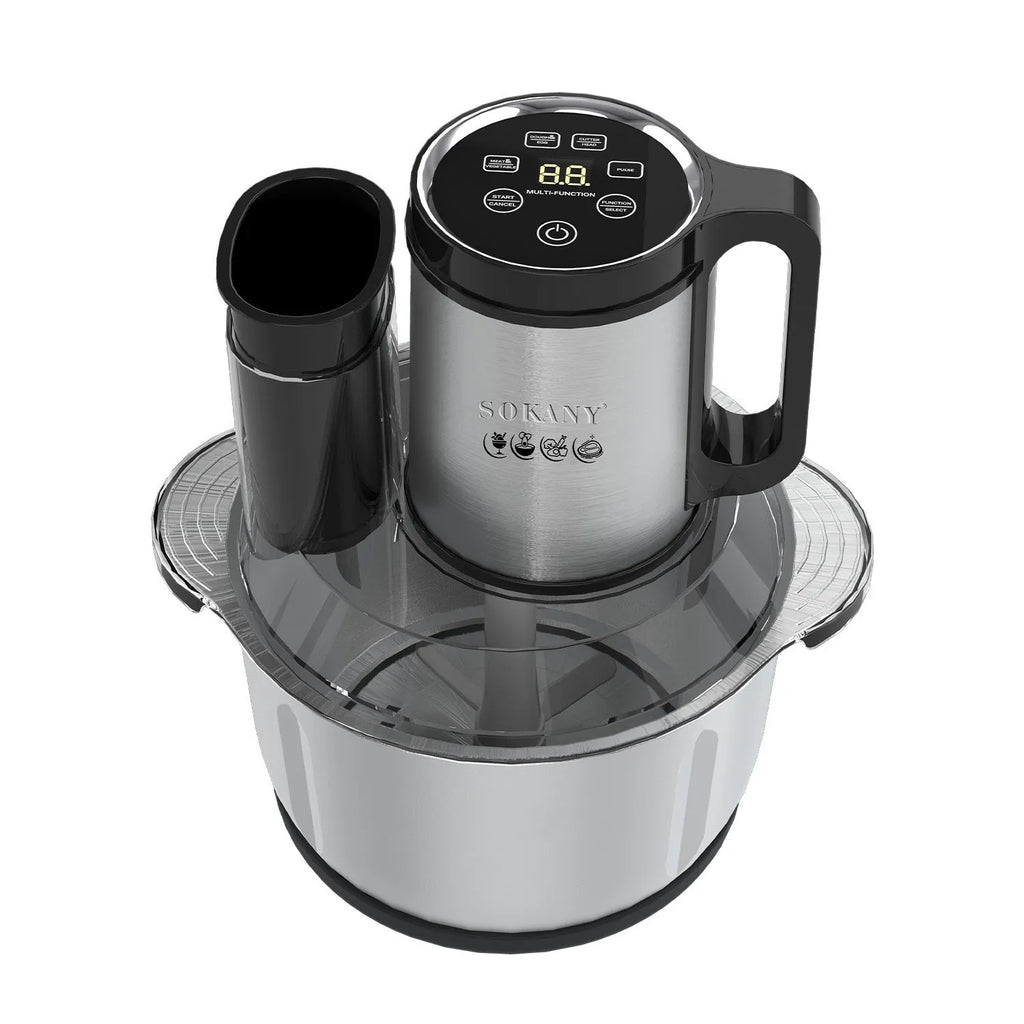 Stainless steel meat grinder with 5L capacity bowl and adjustable speed controls