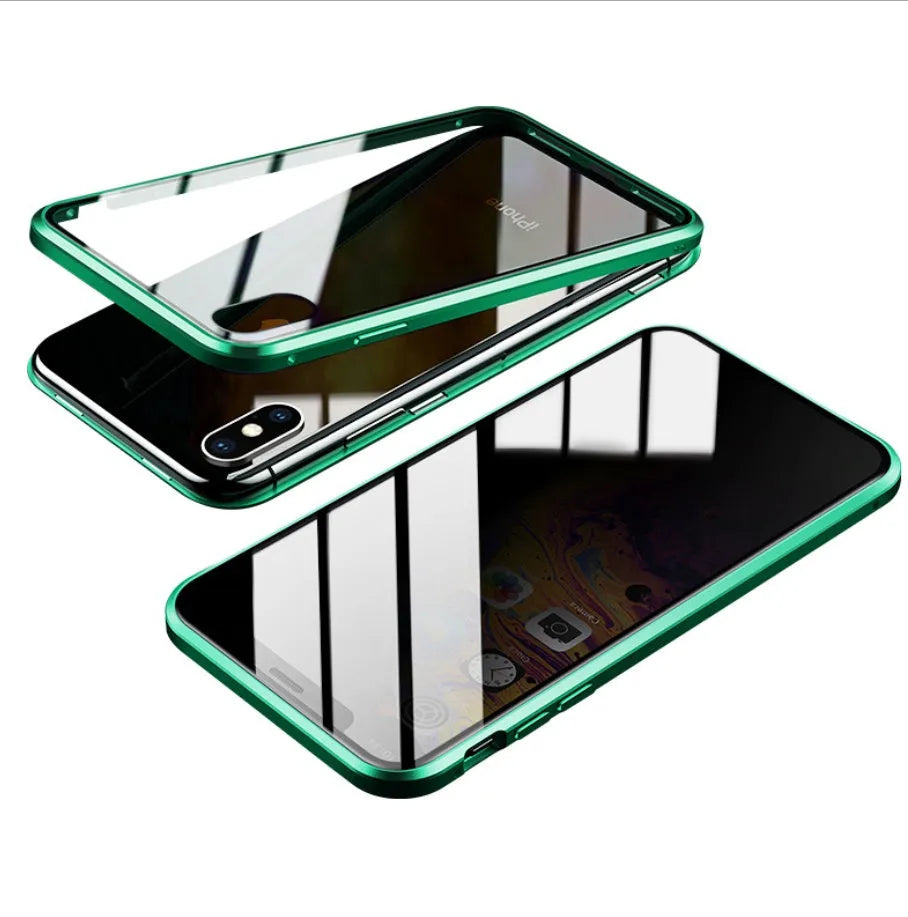 Black glass anti-spy clamshell privacy case for iPhone, shown open and closed.