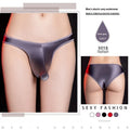 Men's shiny nylon low waist T-back underwear shown in black, displayed flat.