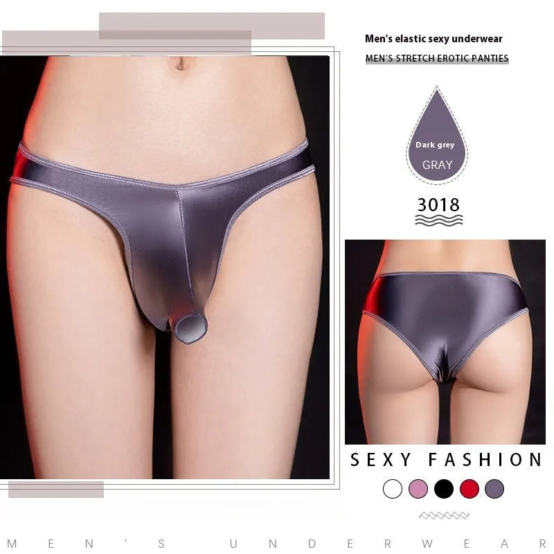 Men's shiny nylon low waist T-back underwear shown in black, displayed flat.