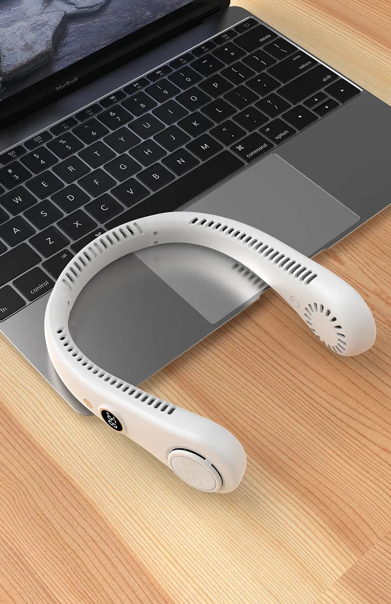 Blue portable bladeless neck fan with adjustable speed settings and USB charging port