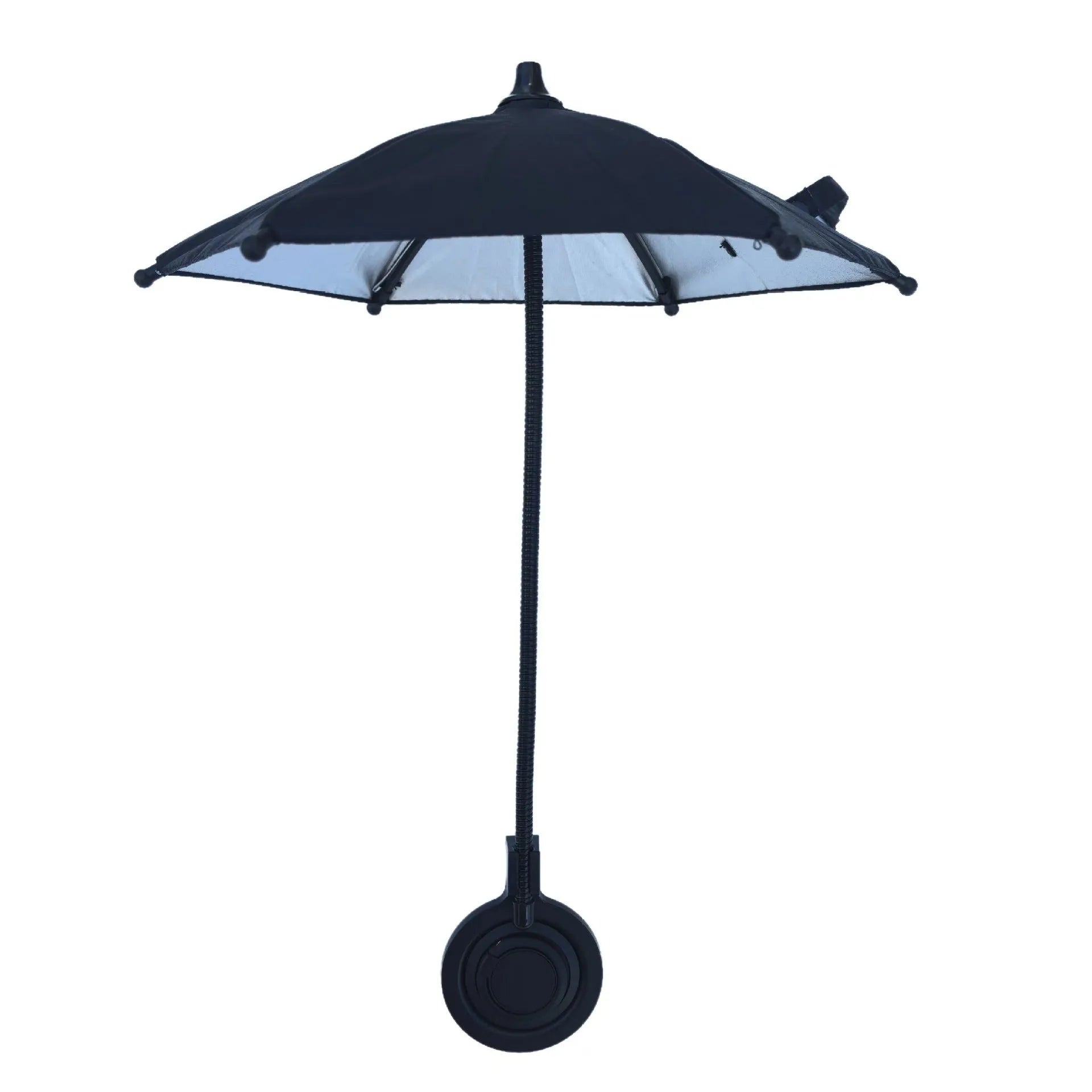 Magnetic retractable phone umbrella bracket with 6 iron bones, 210T NC fabric canopy, silver glue coating, black colour, side view