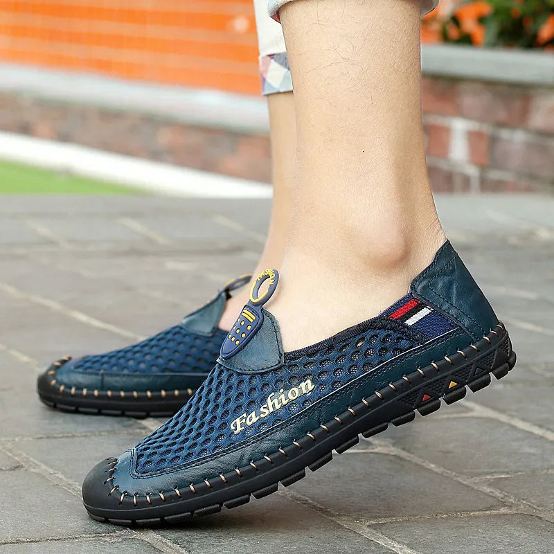 Men's brown casual mesh shoes with round toe and rubber sole on a white background