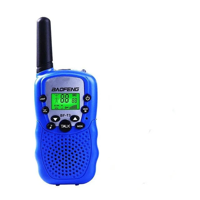 Children's walkie talkie set showing two handheld units in available colour options with 22-channel display