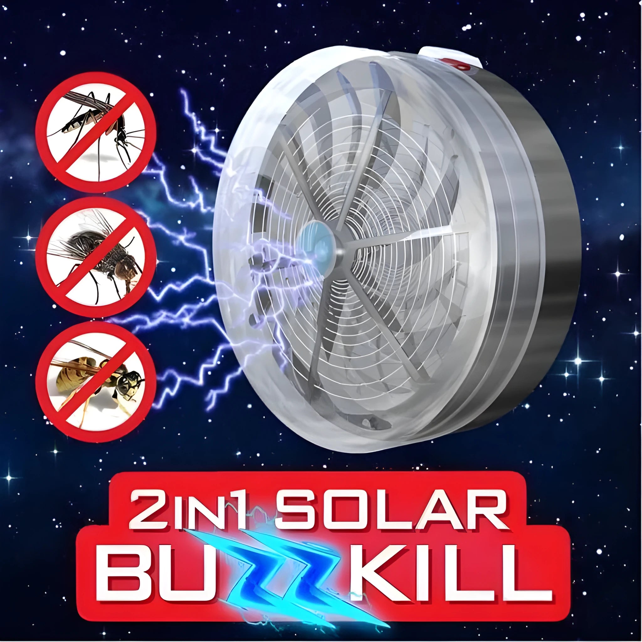 Solar powered bug zapper with blue UV light and twist on/off design for indoor and outdoor pest control