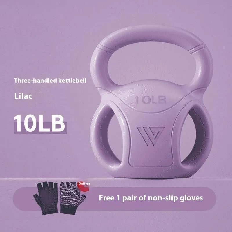 Colourful kettlebells in pink, lavender, and dark green with different weight options for home fitness