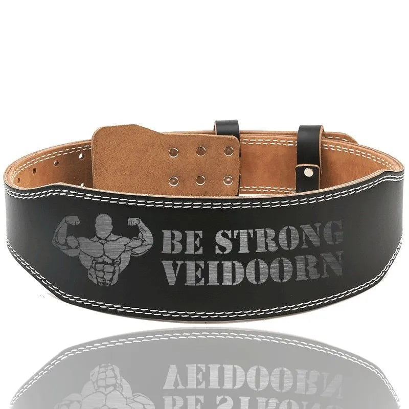Black narrow cowhide fitness belt with adjustable punching holes for weightlifting core and lumbar support