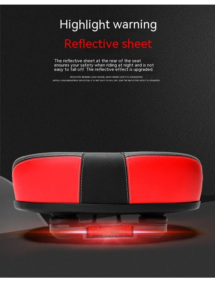 Red mountain bike saddle with thickened cushioning and reflective stickers, showing 210x270mm dimensions