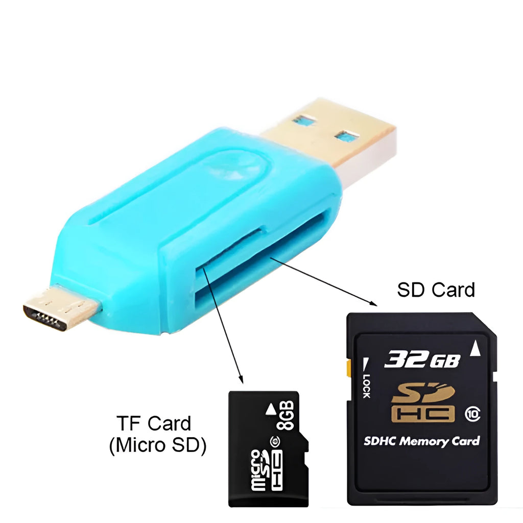White USB OTG card reader with micro USB connector for SD and TF memory cards.