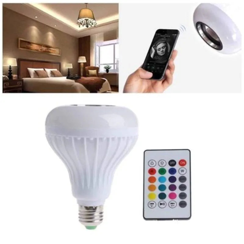 White E27 LED light bulb with Bluetooth speaker and remote control for 16 colour options