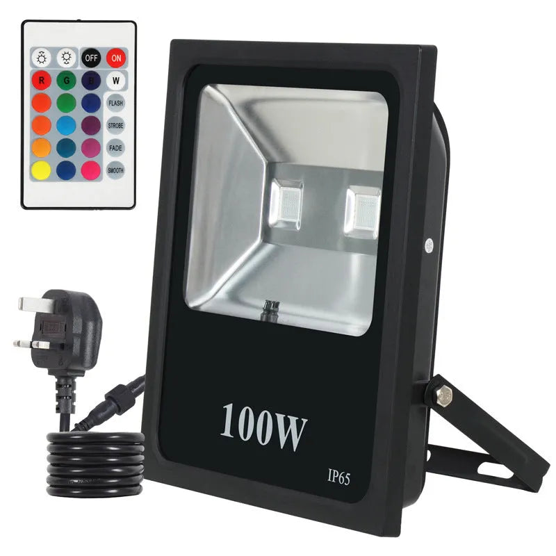 Black aluminium LED flood light with RGB colour changing capability for outdoor advertising and building lighting