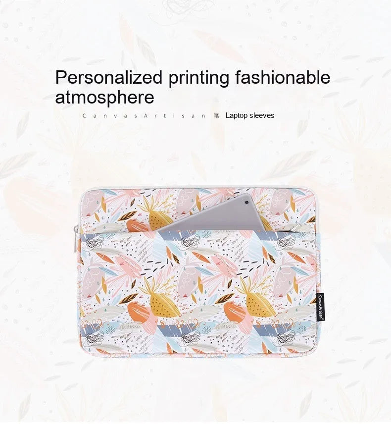 White PU leather waterproof laptop inner sleeve for 14-inch devices, shown alongside other size options.