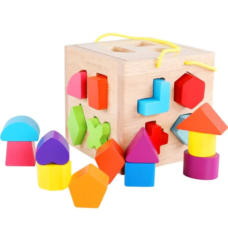 Wooden geometric shape matching baby building blocks with multiple hole intelligence boxes for infants 0-3 years