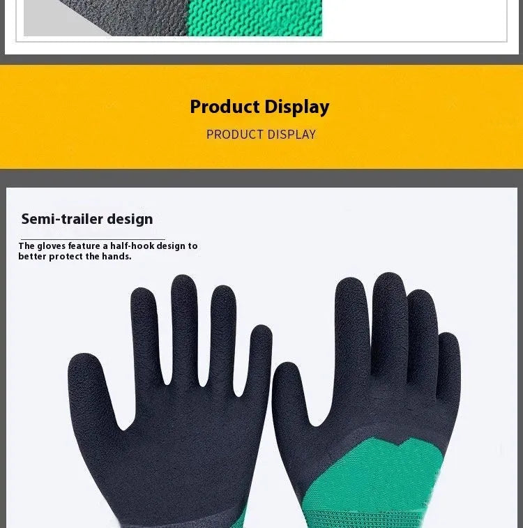 Black and green rubber work gloves for wear-resistant, non-slip hand protection on construction sites and gardens.